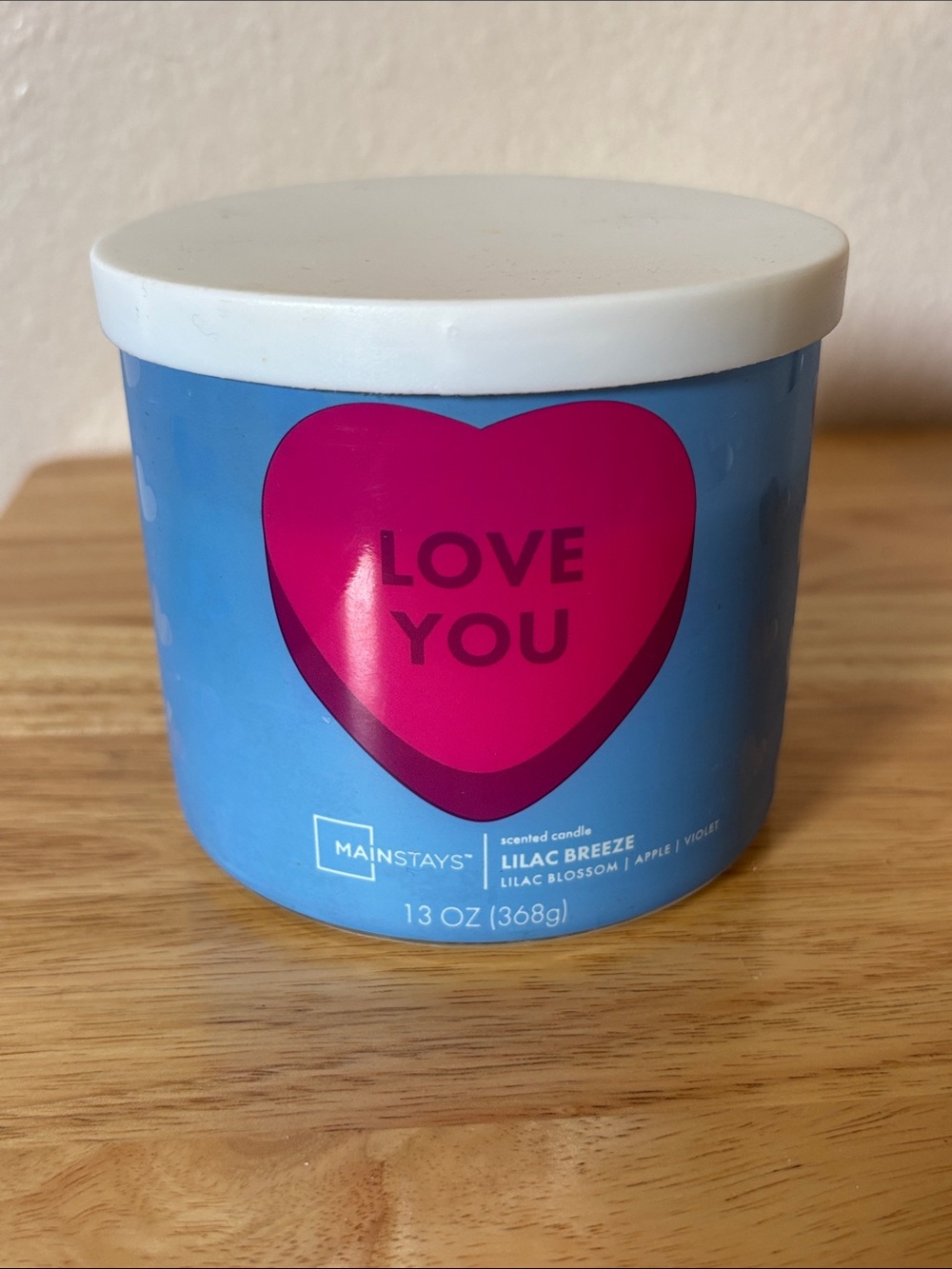Mainstays 3 Wick Candle in Lilac Breeze, ‘Love You’